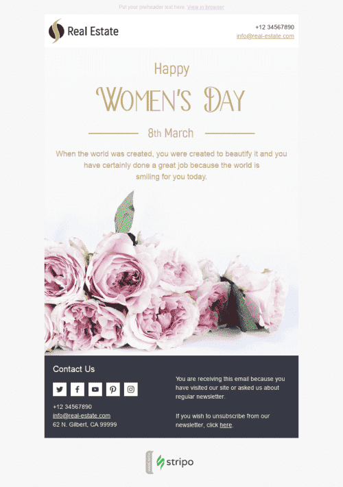 Women's Day Email Template "Gentle Roses" for Real Estate industry desktop view