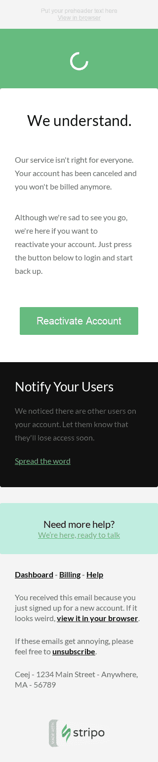 Plantilla de correo electrónico "Cuenta suspendida" de Retención y reactivación para la industria de Software y tecnología Vista de móvil