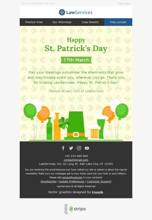 St. Patrick’s Day Email Template "Good Wishes" for Legal industry mobile view