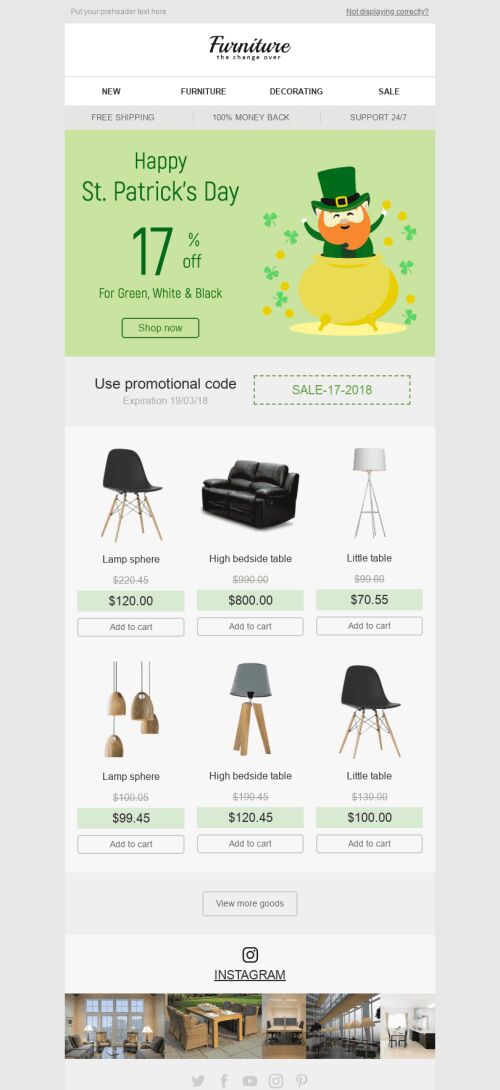 St. Patrick’s Day Email Template "Lucky Sale" for Furniture, Interior & DIY industry mobile view