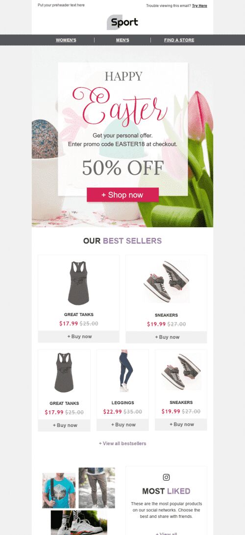 Easter Email Template "Bright Day" for Sports industry mobile view