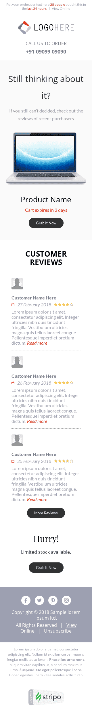 Шаблон листа з нагадуванням про покинутий кошик "Відгуки покупців" для індустрії "Гаджети" мобільний вигляд