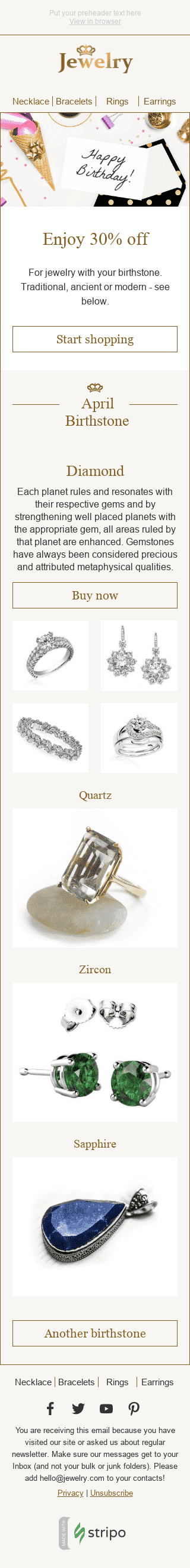 Geburtstag E-Mail-Vorlage "Glücksbringer" für Schmuck-Branche Ansicht auf Mobilgeräten