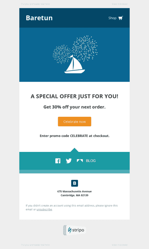 Plantilla de correo electrónico "Oferta especial" de Cumpleaños para la industria de Moda Vista de escritorio