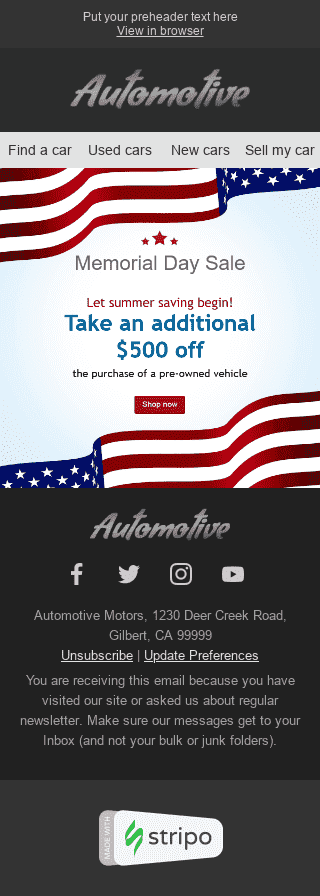 Modèle de courrier électronique Memorial Day "Rouge et blanc" pour le secteur Auto & Moto Affichage mobile