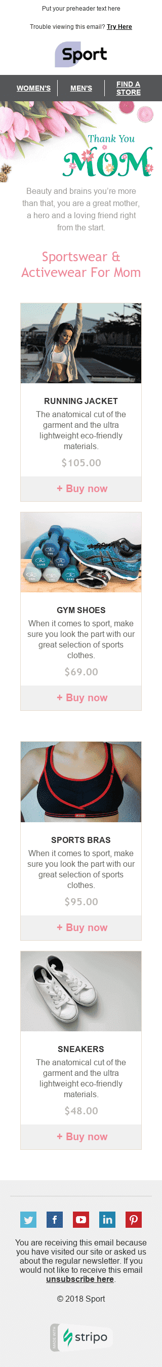 Plantilla de correo electrónico "Ropa cómoda" de Día de la Madre para la industria de Deportes Vista de móvil