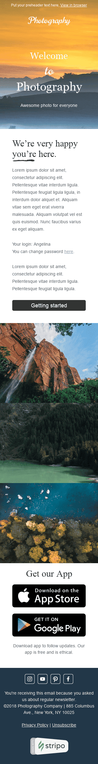 Willkommen E-Mail-Vorlage "Morgendämmerung " für Fotografie-Branche Ansicht auf Mobilgeräten