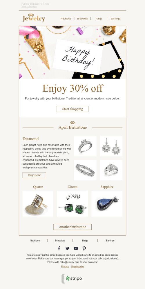 Birthday Email Template "Talisman" for Jewelry industry mobile view