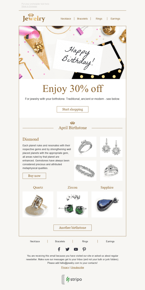 Modèle de courrier électronique Anniversaire "Talisman" pour le secteur Bijoux Affichage mobile