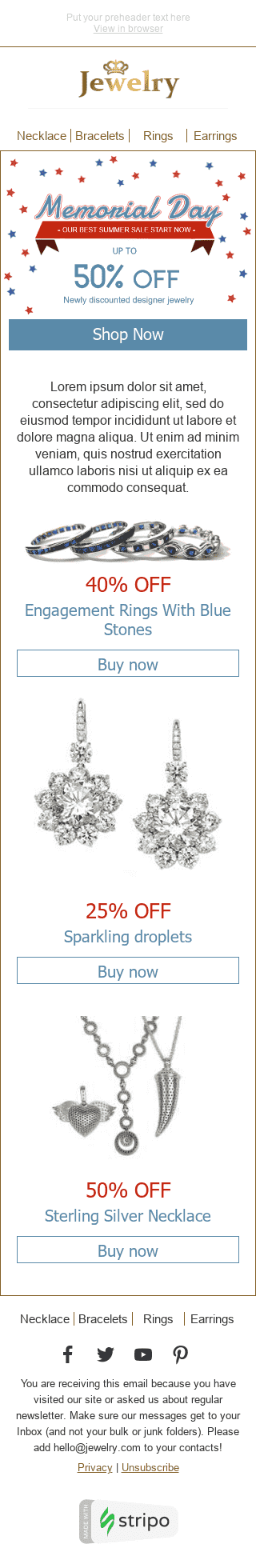 Memorial Day E-Mail-Vorlage "Sommer-Ausverkauf" für Schmuck-Branche Ansicht auf Mobilgeräten