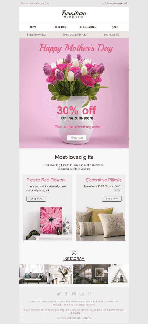 Mother’s Day Email Template "Favourite Gifts" for Furniture, Interior & DIY industry mobile view