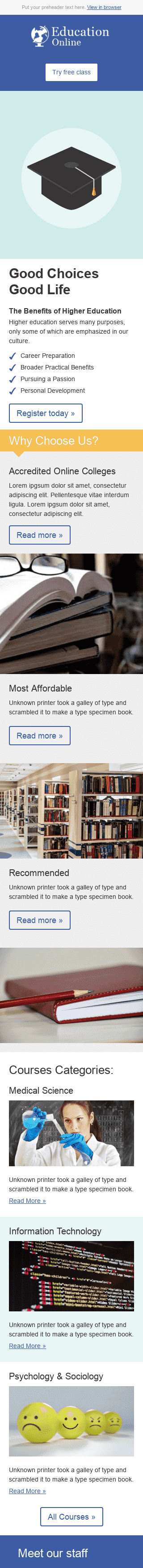 Modelo de E-mail de «Boas Escolhas» de Promoção para a indústria de Educação Visualização de dispositivo móvel