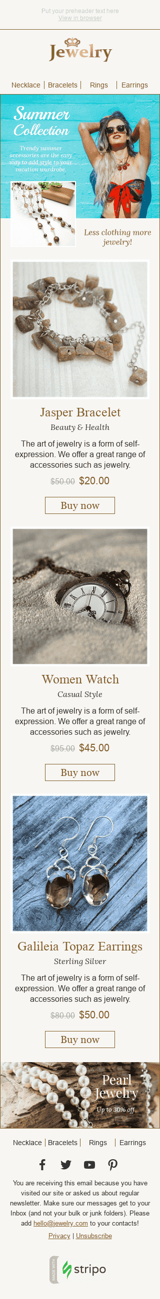 Neue Kollektion E-Mail-Vorlage "Modischer Sommer" für Schmuck-Branche Ansicht auf Mobilgeräten