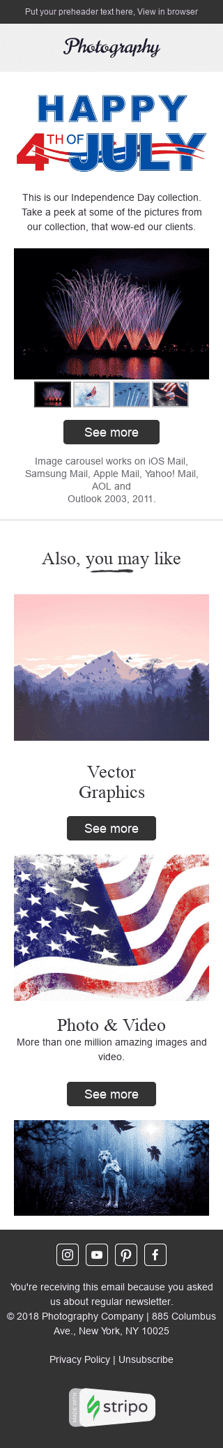 Independence Day E-Mail-Vorlage "Tolle Bilder" für Fotografie-Branche Ansicht auf Mobilgeräten