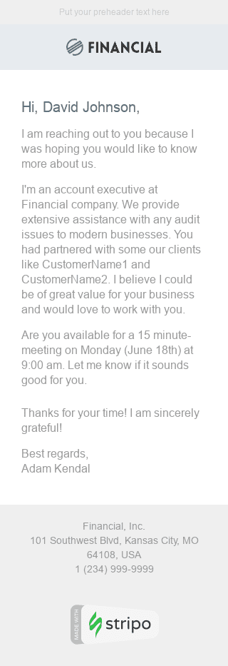 Cold Emailing E-Mail-Vorlage "Neuer Partner" für Finanzwesen-Branche Ansicht auf Mobilgeräten