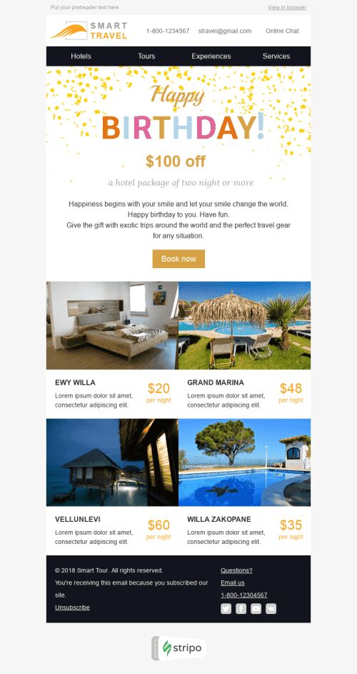 Birthday Email Template "Perfect Travel" for Tourism industry mobile view
