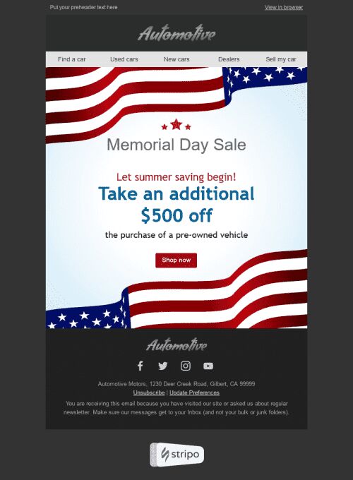 Memorial Day Email Template "Red & White" for Auto & Moto industry mobile view