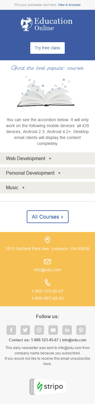 Modèle de courrier électronique Interactif "Cours de haut niveau" pour le secteur Éducation Affichage mobile