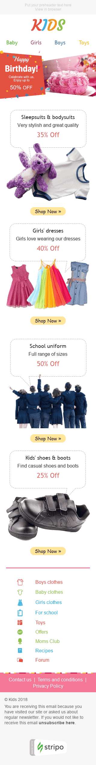 Modelo de E-mail de «Descontos Especiais» de Aniversário para a indústria de Artigos para crianças Visualização de dispositivo móvel