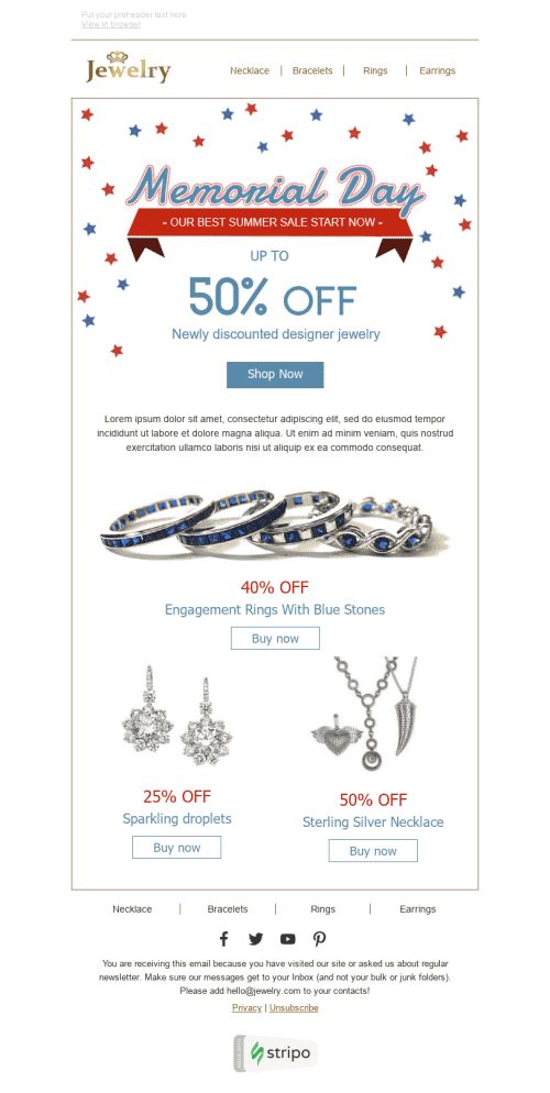 Memorial Day Email Template "Summer Sale" for Jewelry industry mobile view