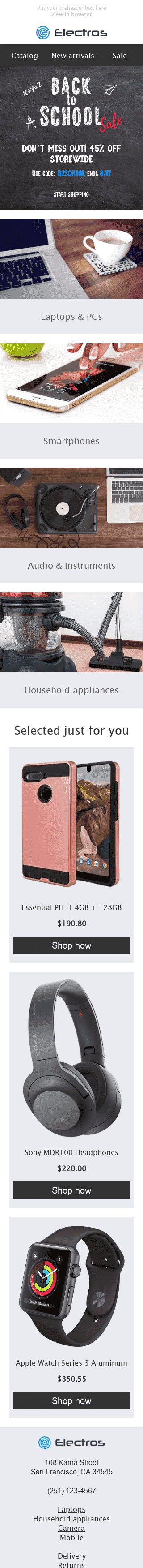 Modèle de courrier électronique Rentrée des Classes "Articles tendance" pour le secteur Gadgets Affichage mobile