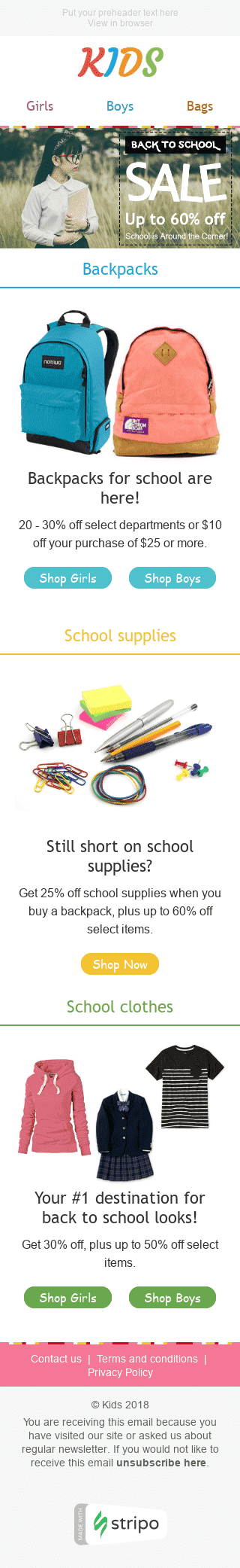 Modelo de E-mail de «Hora da Liquidação» de De volta à escola para a indústria de Artigos para crianças Visualização de dispositivo móvel