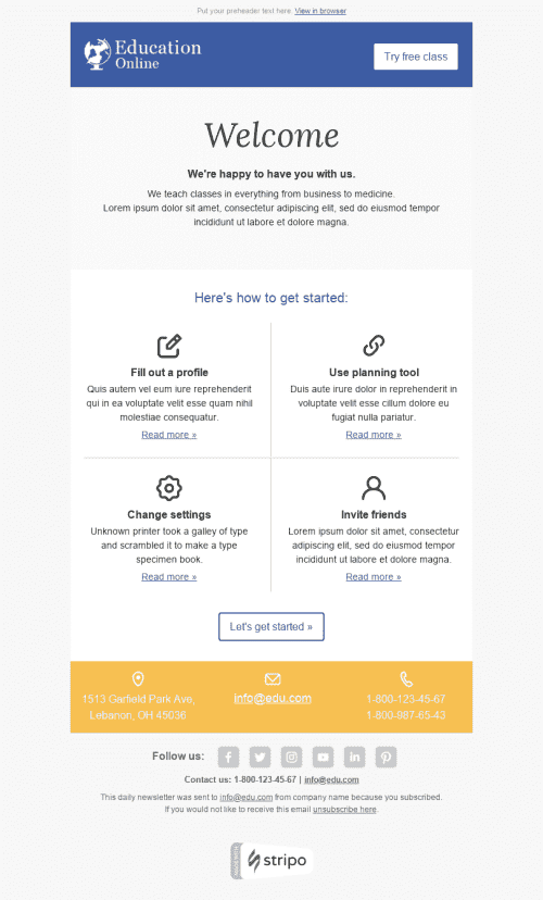 Шаблон письма с приветствием клиента после регистрации "Необходимые знания" для индустрии "Школа и Образование" дектопный вид