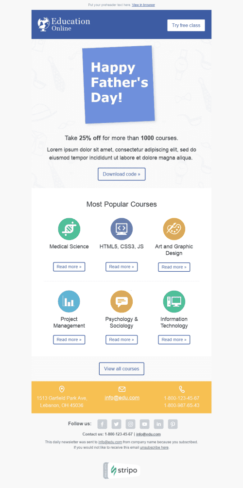 Modello Email Festa del papà "Offerta migliore" per il settore industriale di Istruzione Visualizzazione desktop