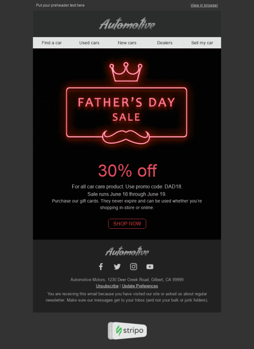 Vatertag E-Mail-Vorlage "Neon" für Auto & Motor-Branche Desktop-Ansicht
