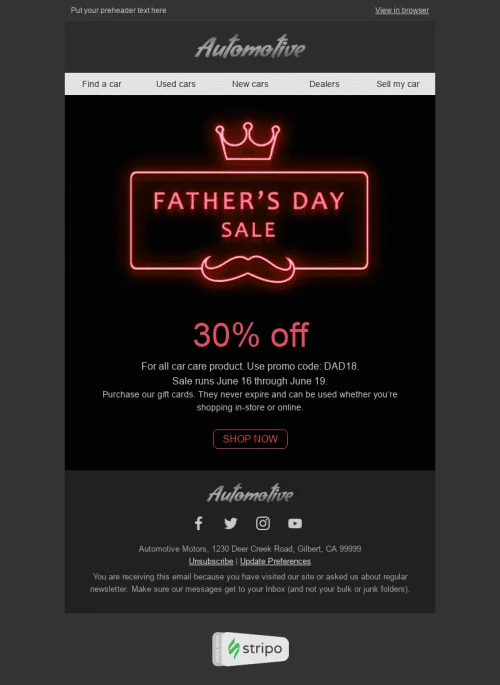 13342-Stripo-Transportation-Car-Holiday-newsletter-Happy-Father’s-Day-Neon-email-web
