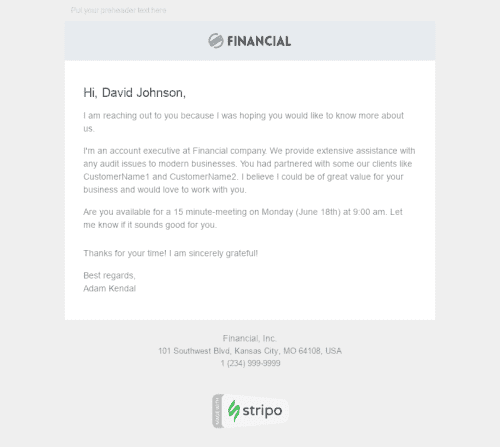 Cold Emailing E-Mail-Vorlage "Neuer Partner" für Finanzwesen-Branche Desktop-Ansicht