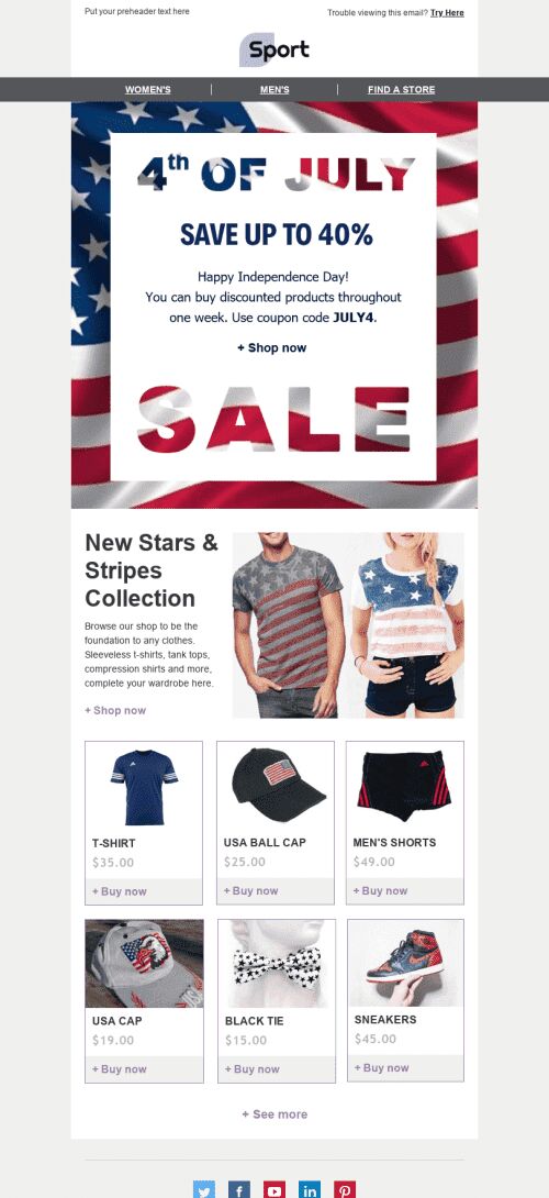 Independence Day E-Mail-Vorlage "Sternenbanner " für Sport-Branche Ansicht auf Mobilgeräten