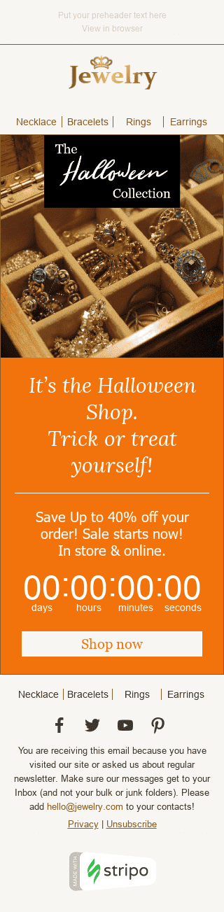 Modèle de courrier électronique Halloween "Vente effrayante" pour le secteur Bijoux Affichage mobile
