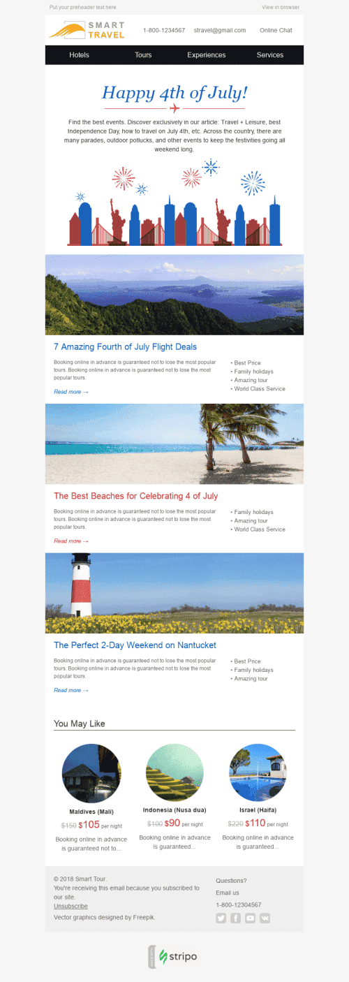 Independence Day E-Mail-Vorlage "Entdecken Sie Amerika" für Tourismus-Branche Desktop-Ansicht