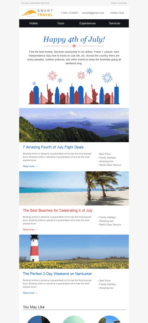 Independence Day Email Template "Explore America" for Tourism industry mobile view