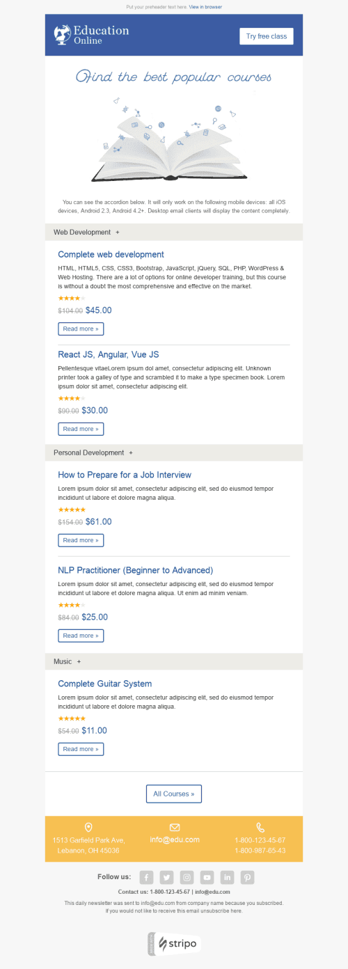 Modèle de courrier électronique Interactif "Cours de haut niveau" pour le secteur Éducation Affichage ordinateur