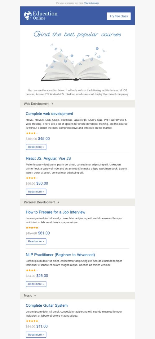 Interactive Email Template "Top Courses" for Education industry mobile view