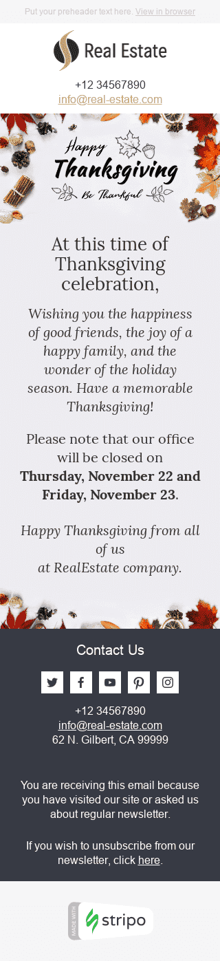 Шаблон письма к празднику День Благодарения "Замечательное время" для индустрии "Недвижимость" мобильный вид