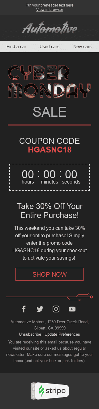 Modèle de courrier électronique Cyber Monday "Super vente" pour le secteur Auto & Moto Affichage mobile