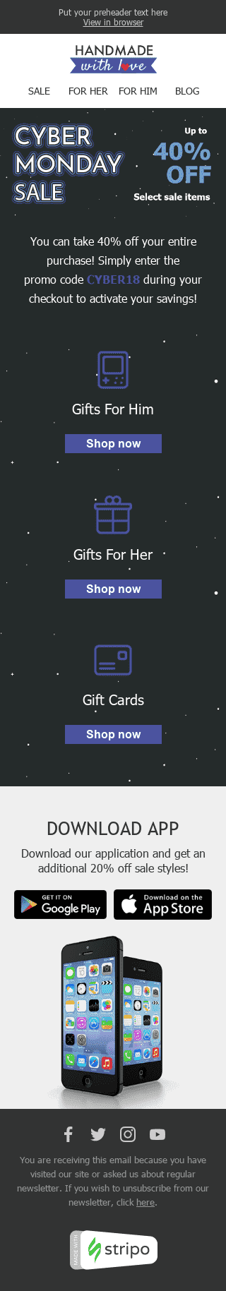 Modello Email Cyber Monday "regali interessanti" per il settore industriale di Libri, regali e cancelleria Visualizzazione mobile