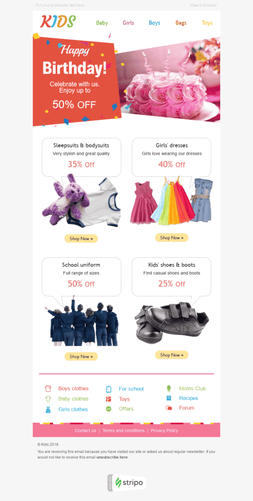 Plantilla de correo electrónico "Descuentos especiales" de Cumpleaños para la industria de Productos para niños Vista de móvil