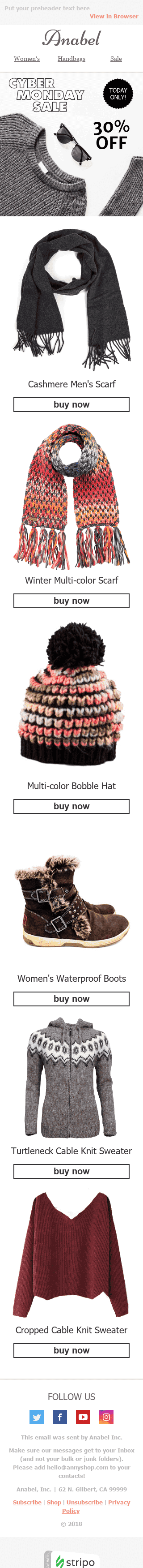 Weihnachten E-Mail-Vorlage "Warme Kleidung" für Mode-Branche Ansicht auf Mobilgeräten