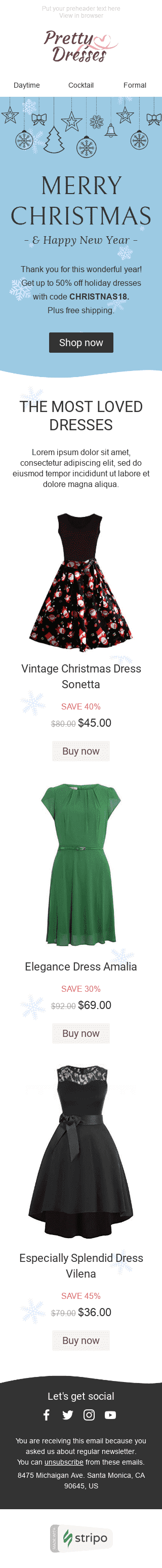 Modelo de E-mail de «Neve Caindo» de Natal para a indústria de Moda Visualização de dispositivo móvel