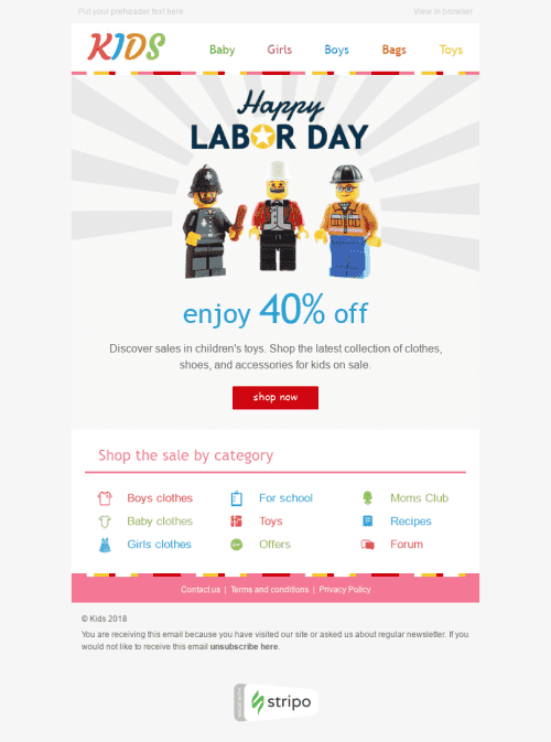 Modelo de E-mail de «Tudo em Liquidação» de Dia do trabalho para a indústria de Artigos para crianças Visualização de dispositivo móvel