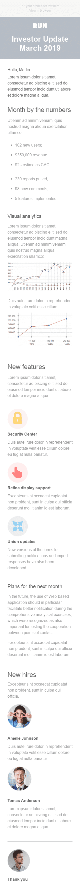 Modèle de courrier électronique Email de Rapport «Mise à jour mensuelle pour les investisseurs» pour le secteur Logiciels & Technologie Affichage mobile