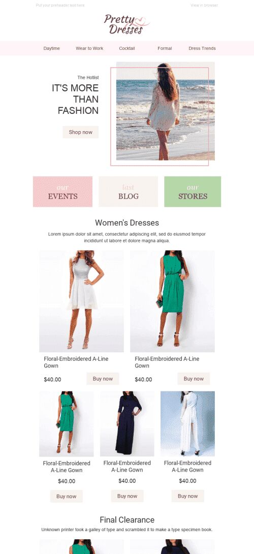 Promo Email Template "Pretty Dresses" for Fashion industry mobile view