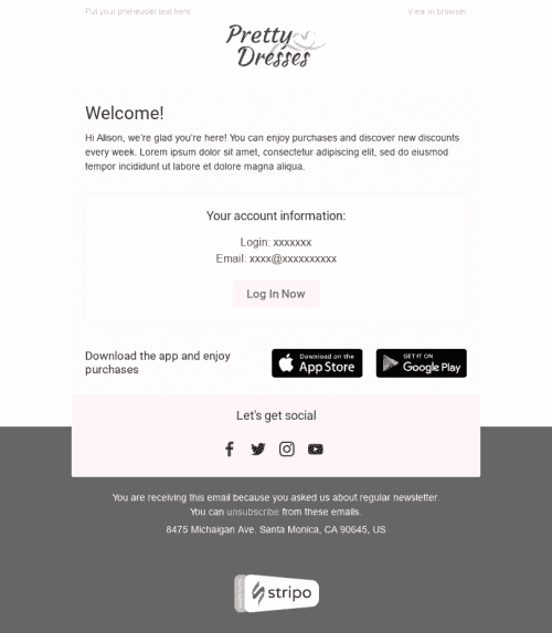 Plantilla de correo electrónico "Información de la cuenta" de Bienvenida para la industria de Moda Vista de móvil
