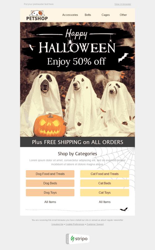 Halloween E-Mail-Vorlage "Freundliche Gespenster" für Haustiere-Branche Desktop-Ansicht