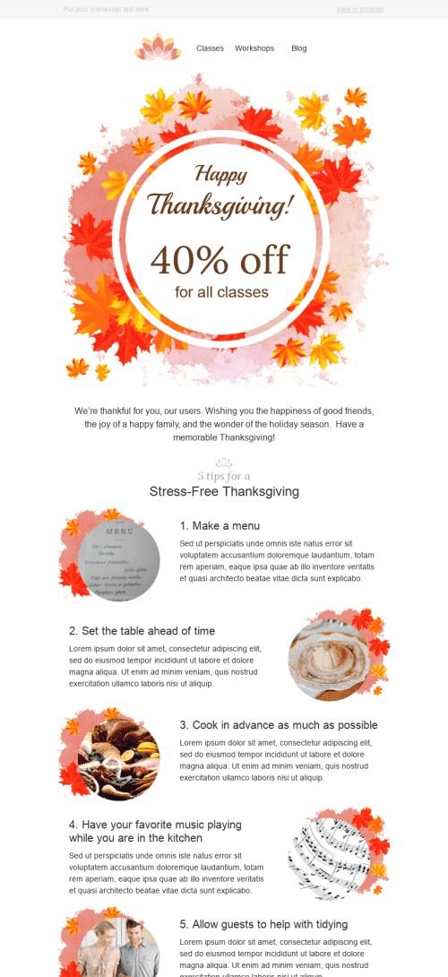 Thanksgiving Day Email Template "Stress-Free Life" for Sports industry mobile view