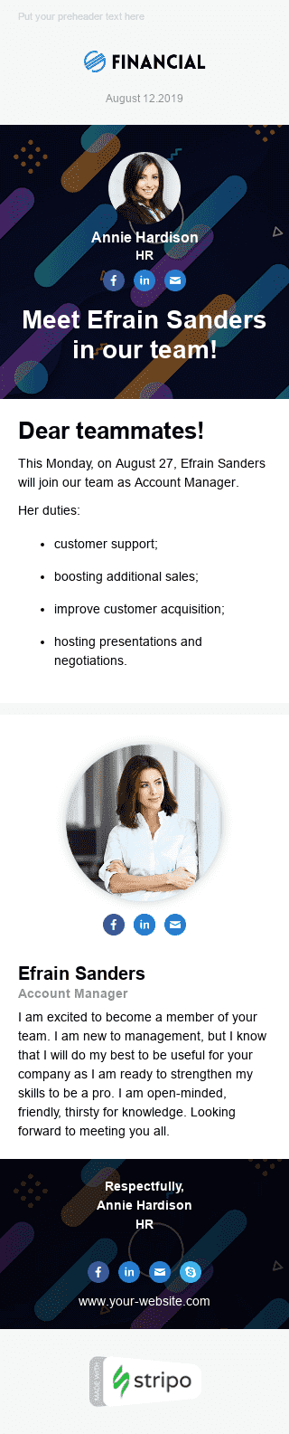 Шаблон листа «Зустрічайте нового співробітника» тематики Корпоратвні для індустрії «HR» мобільний вигляд